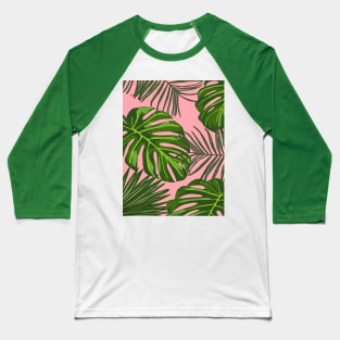 Tropical Plant Leaves Print on Pink Baseball T-Shirt